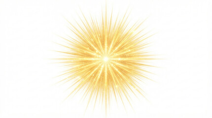 Fototapeta premium Radiant golden starburst effect featuring brilliant light rays and sparkling particles isolated against a clean white background for design overlays.