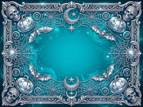 Mystical silver border with glowing pumpkins and skulls for halloween.