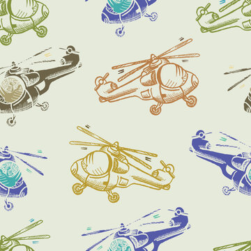 Helicopter Toy Seamless Pattern Vector Hand Drawn Background for Fabric Print and Book Cover