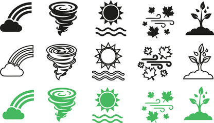 Obraz premium Weather forecast outline icon set including rainbow storm rain snow sun cloud climate nature seasonal linear web graphic concept
