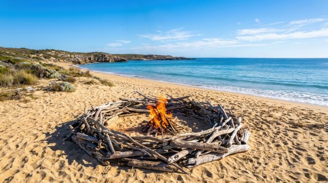 A serene bonfire burning brightly inside a circular arrangement of driftwood on a scenic sandy beach overlooking sparkling blue ocean waves under
