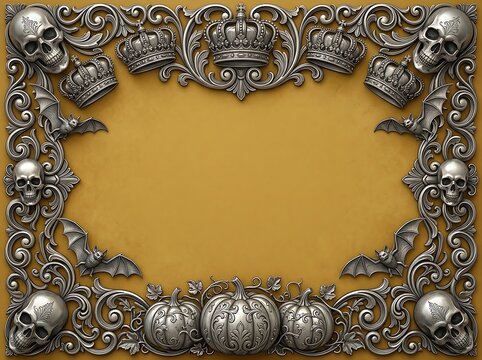Royal gothic frame in silver with crowns and skulls on gold background.