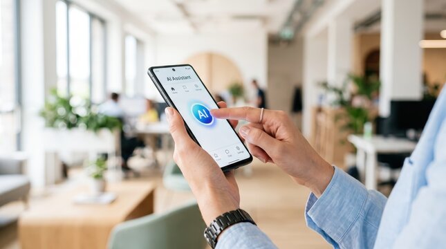 Woman using smartphone AI assistant application in modern bright office, holding mobile phone with artificial intelligence icon on screen, digital communication technology