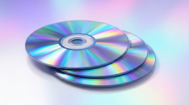 A stack of shiny compact discs reflecting vibrant holographic rainbow colors on a soft pastel gradient background for media and technology concepts