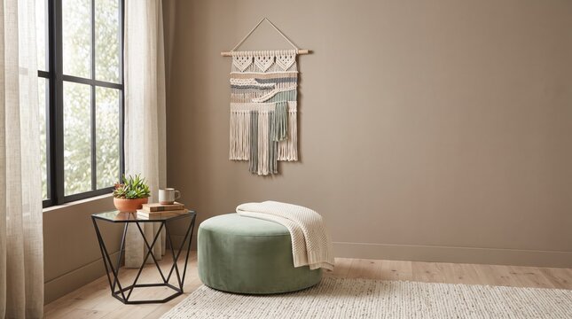 Cozy minimalist living room corner with green ottoman pouf, macrame wall hanging art, small side table with plant and books, boho chic interior design and decor concept