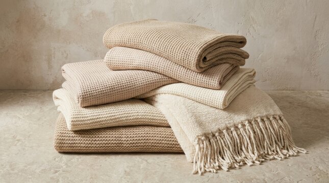 A stack of folded neutral beige waffle weave textiles and textured throw blankets on a rustic plaster background showing cozy home interior style