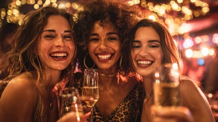 Fototapeta premium Smile, women and dance with champagne at nightclub for birthday celebration, social reunion or luxury party. Excited, friends and wine glass for new years, festival congratulations and happy hour fun