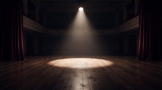 Empty theater stage with bright spotlight and red curtains for performance background