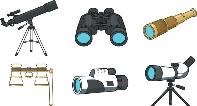 Optical instruments vector illustration set with astronomical telescope binoculars spyglass opera glasses monocular and spotting scope icons for observation concepts.