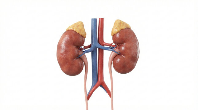 Detailed 3D anatomical illustration of human kidneys with adrenal glands, renal arteries, veins, and ureters isolated on a clean white background.