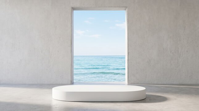 Minimalist white oval podium standing in empty concrete room with large rectangular window frame opening to blue ocean sea view, summer sky, product display stage