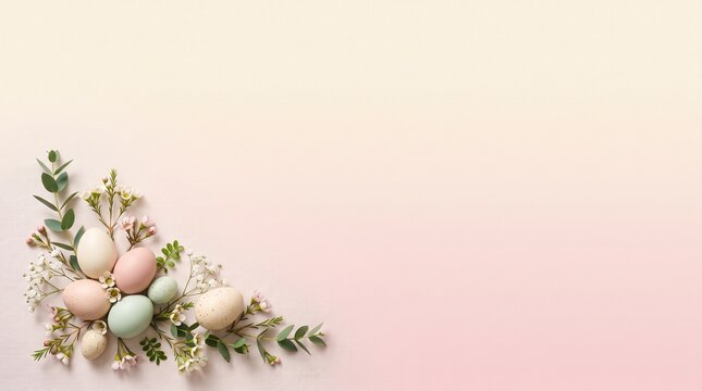 Pastel Easter Eggs Spring Flowers Eucalyptus Leaves Pastel Gradient Soft Lighting Background Banner Copy Space Mockup