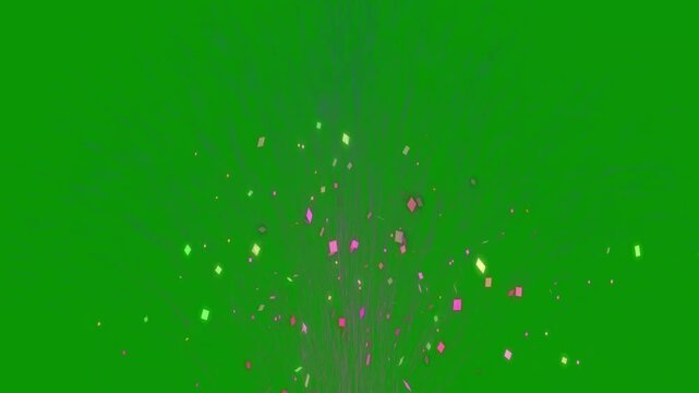 Confetti fired in the air during a party colorful falling metallic glitter foil floating on green background celebratory event holiday festival slow motion explosion sparkling bright motion graphic.