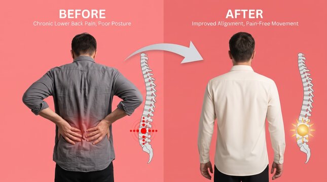 Before and after comparison of chronic lower back pain treatment showing poor posture versus improved spinal alignment, medical infographic illustrating pain relief therapy