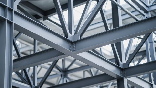 Structural steel beams forming a robust metal framework in a modern building. Perfect for architecture and industrial engineering development concepts.