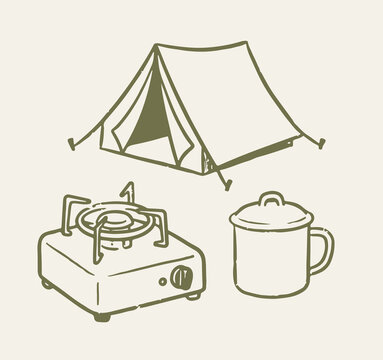 Vintage camping equipment line art, hand drawn tent and portable gas stove svg, rustic outdoor cooking gear and mug illustration