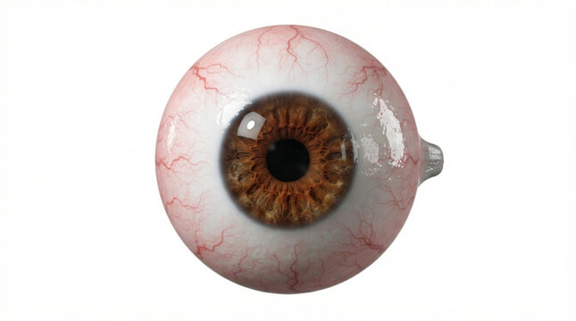 Detailed anatomical 3D rendering of a human eyeball featuring intricate brown iris details and red blood vessels isolated on a white background.