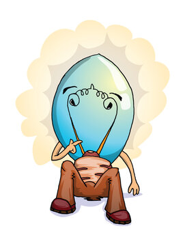 vector expressive cartoon illustration featuring an anthropomorphic lightbulb character sitting in a thoughtful pose