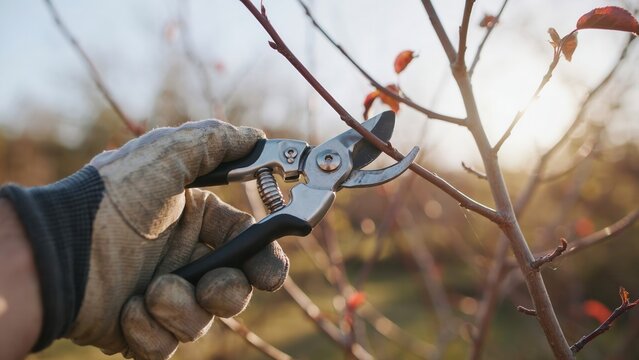 A gardener in work gloves uses pruning shears to trim branches in the golden afternoon light. Represents sustainable landscaping and seasonal garden maintenance work.