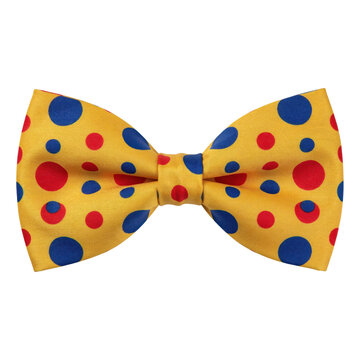 Yellow bow tie with pattern of red and blue polka dots for formal wear isolated on a transparent background