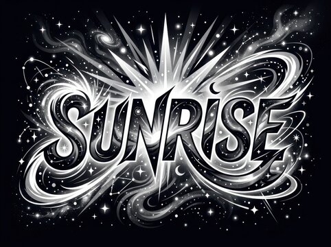 Sunrise word art design with glowing stars and swirling cosmic energy lines