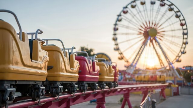 Roller coaster cars parked in a fairground with a sunset ferris wheel in the background. Represents summer leisure and family amusement park vacations.