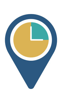 Minimalist map pin icon with an integrated clock face on a solid white background, representing a timely travel and arrival concept