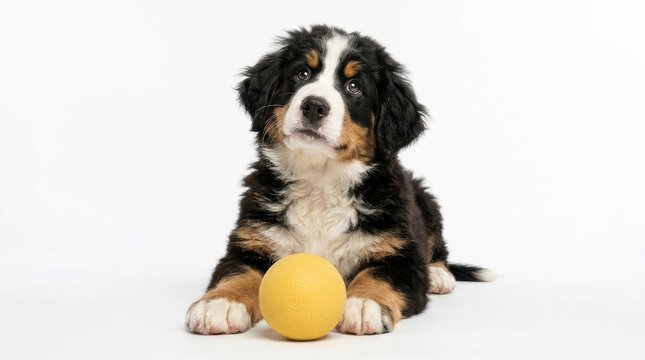 Adorable Bernese Mountain Dog puppy sitting gracefully on a pure white background with a bright yellow toy ball looking curiously ahead