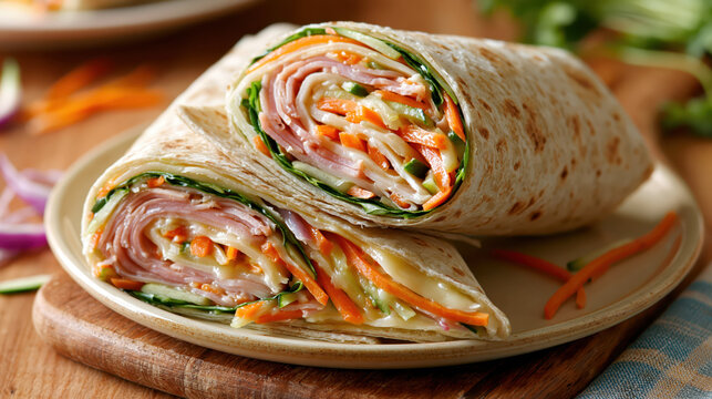 Rolled tortilla wrap with sliced meat, cheese, lettuce, carrot, and cucumber on ceramic plate, creating appetizing homemade meal