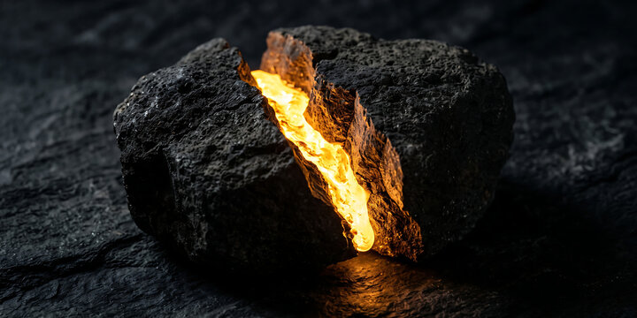Molten gold flows from cracked charcoal rock on dark textured surface showing contrast between raw mineral elements and precious glowing metal core.
