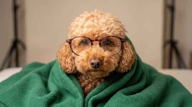 Adorable intelligent poodle wearing stylish vintage tortoiseshell glasses wrapped cozy green fleece blanket studio portrait clever pet concept