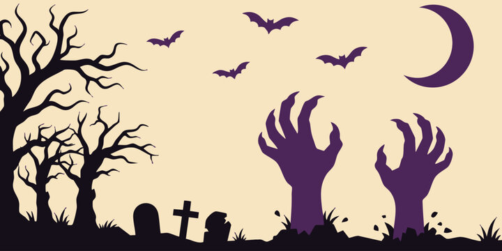 Spooky Halloween vector banner with graveyard, scary trees, bats, and rising zombie hands under the moonlight