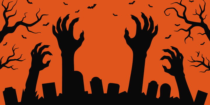 Spooky Halloween vector illustration with zombie hands rising from graves and bats against orange background