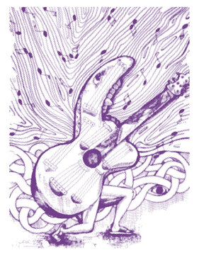 A raw, underground-style heavy metal illustration depicting a guitar anthropomorphized into a screaming creature