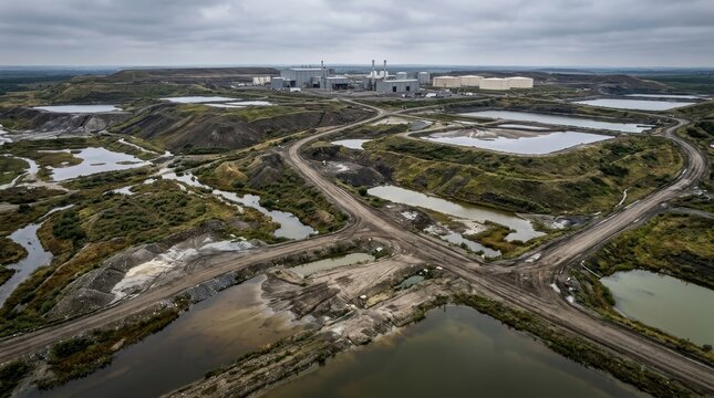 Aerial view of a massive industrial mining complex with tailings ponds extraction infrastructure processing plant roads and environmental impact