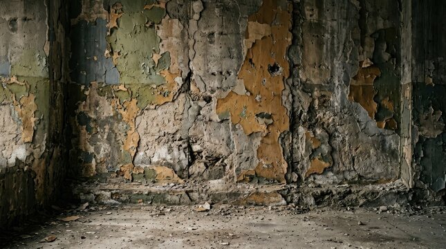 Aged concrete wall with peeling paint and weathered plaster texture in a derelict abandoned room creating a grungy dark industrial backdrop