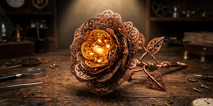 Intricate steampunk rose crafted from brass gears and metal petals with a glowing lightbulb at its core representing mechanical beauty and artificial life.