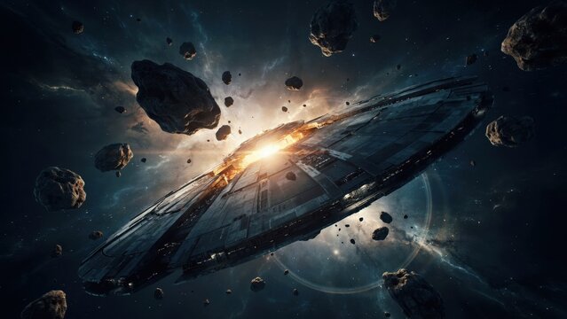 A massive futuristic spaceship navigates through an asteroid field in deep space. Cinematic sci-fi concept for fantasy gaming or space exploration background.