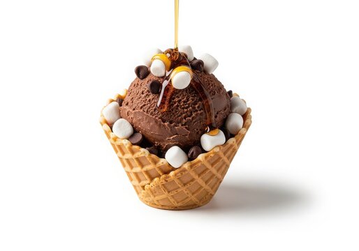 Delicious ice cream sundae in a waffle cone with toppings isolated on white background