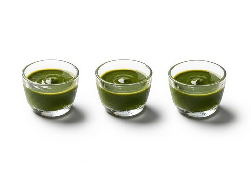 Three glasses of green smoothie with ice cubes isolated on white background