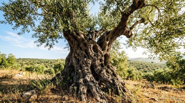 Ancient olive tree with gnarled trunk and lush green foliage standing proudly in a sunlit Mediterranean orchard landscape during daytime