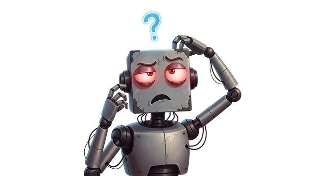 A confused robot with glowing red eyes scratches its head, a question mark above it.