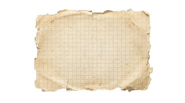 Old vintage grid paper sheet with torn edges isolated on transparent background