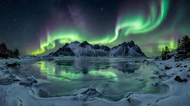 Aurora borealis over frozen lake and snowy mountains at night