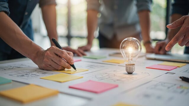 Business team brainstorming new project ideas with a glowing light bulb on sketches. Creative problem solving and innovation concept for corporate strategy development.