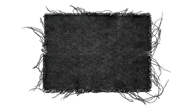 Rectangular piece of black denim fabric with frayed edges isolated on transparent background