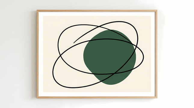Minimalist abstract wall art print featuring a green circle and black continuous line drawing.
