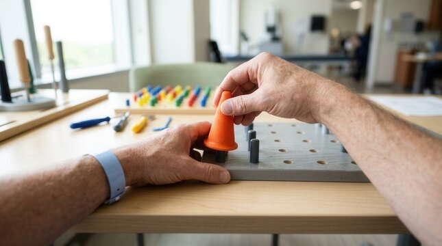 Hands of an adult patient performing a fine motor skills exercise with colorful pegs and a dexterity board in a therapy setting.