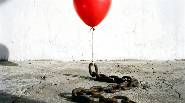 Bright red heart shaped balloon tied to heavy rusted metal chain on cracked concrete ground contrasting freedom and limitation concept art.