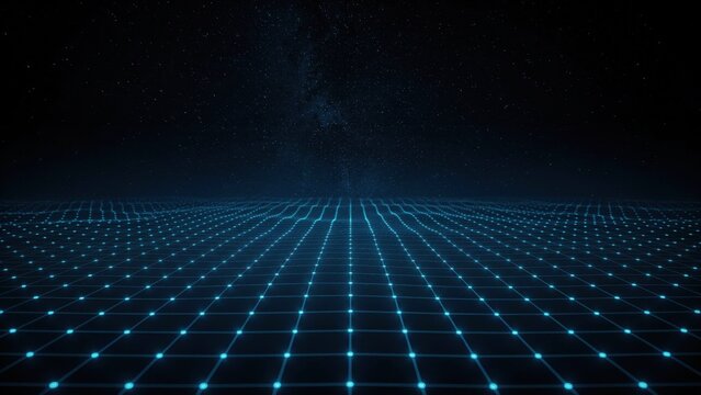 A glowing blue digital grid terrain floats under a starry night sky. Perfect for futuristic technology, cyberspace, and data network visualization concepts.